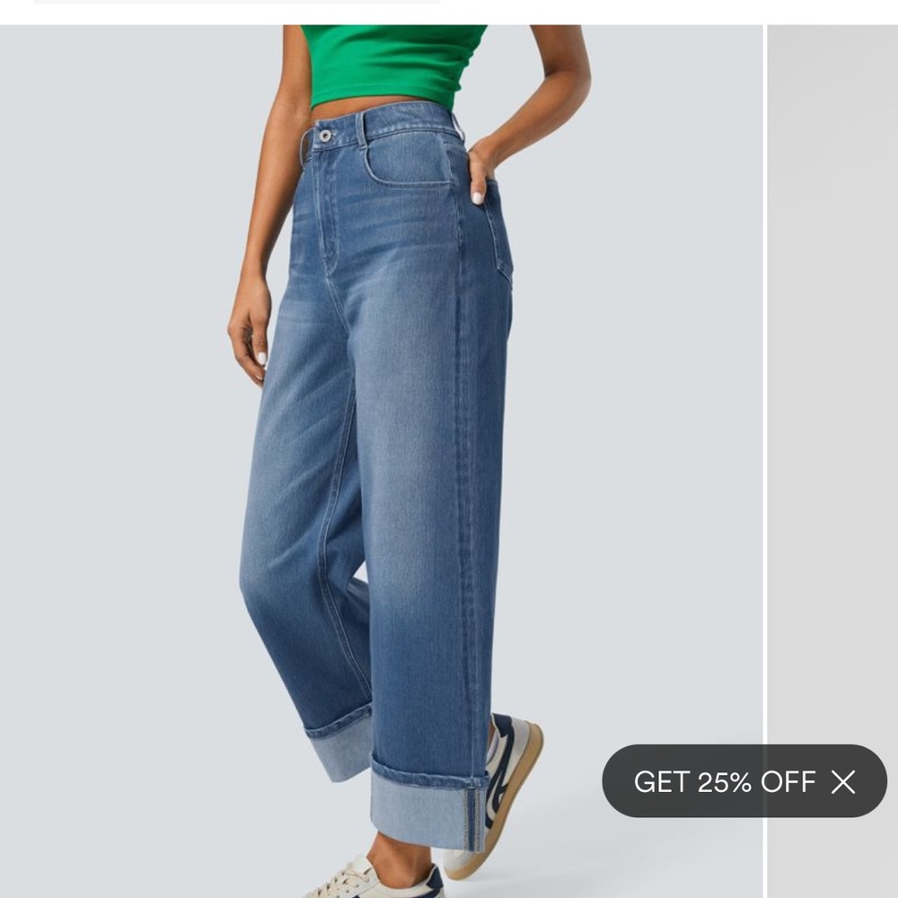 Halara wide leg stretch denim, petite. They would fit sizes large to 1X